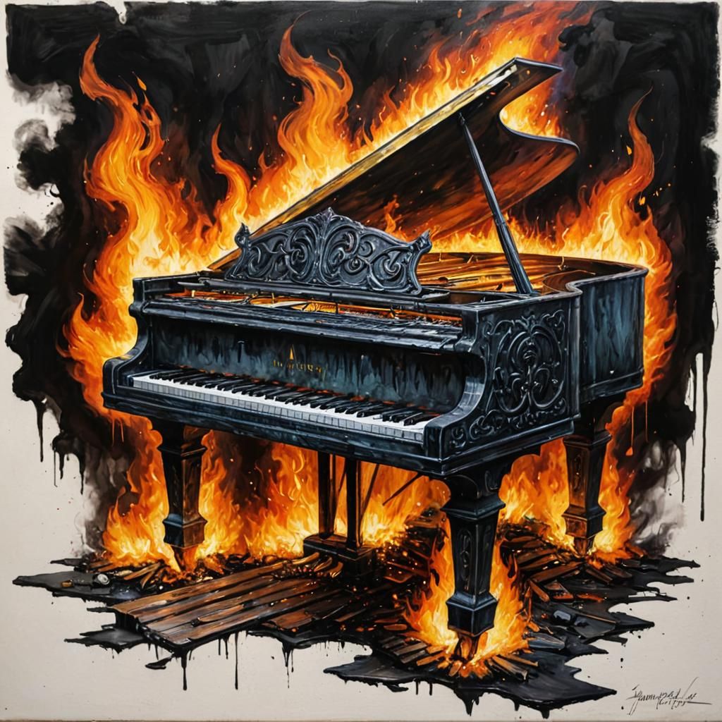 Burning Piano: Gothic Oil Painting with Fire