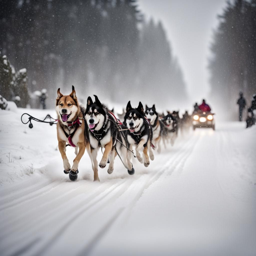 Dog Sled Race in Winter Snowstorm