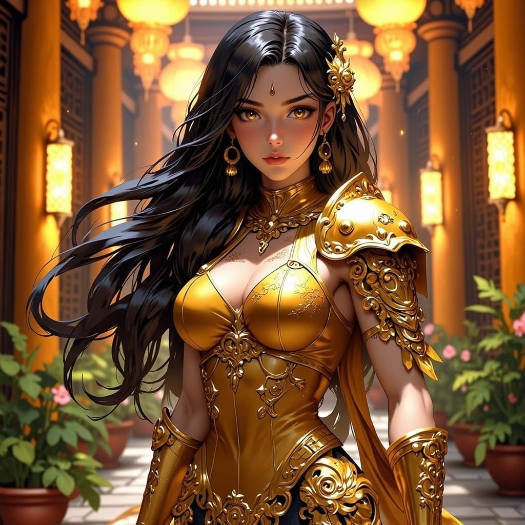 Noble Woman in Golden Armor with Fan