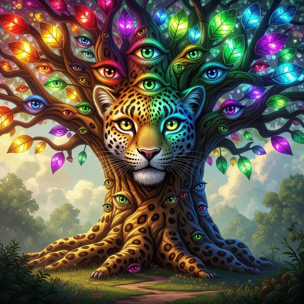 Gigantic Magical Fantasy Tree with Eyes and Rainbow Leaves