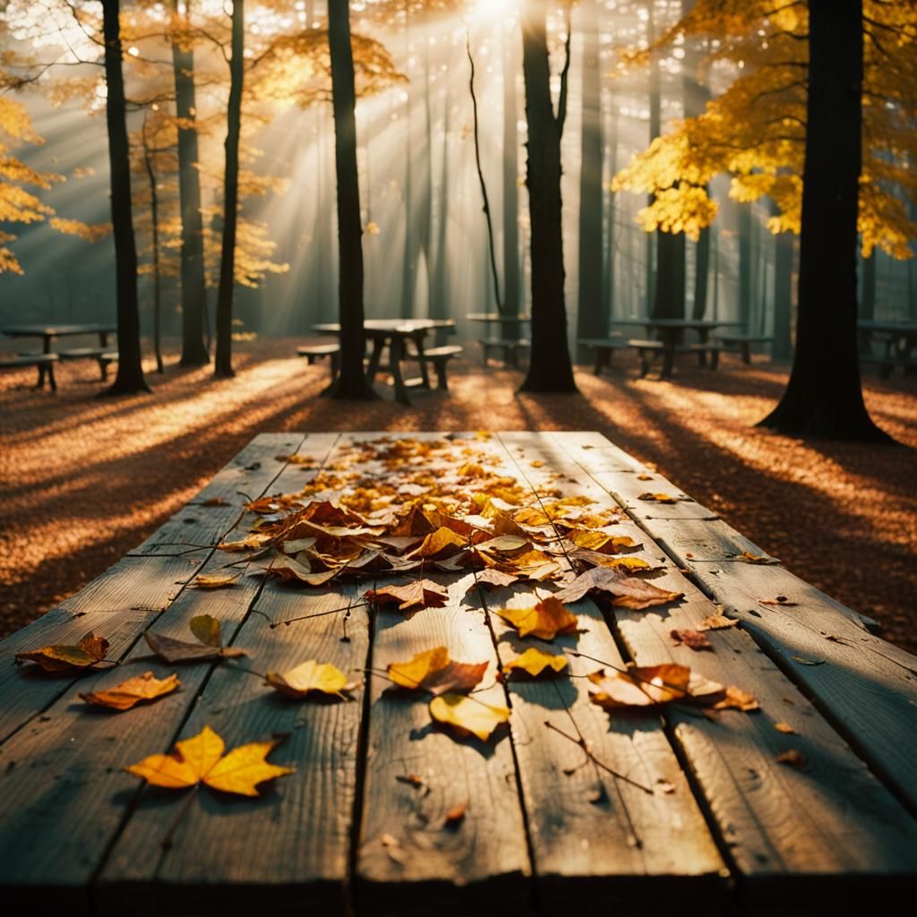 Autumn Leaves on a Misty Forest Table