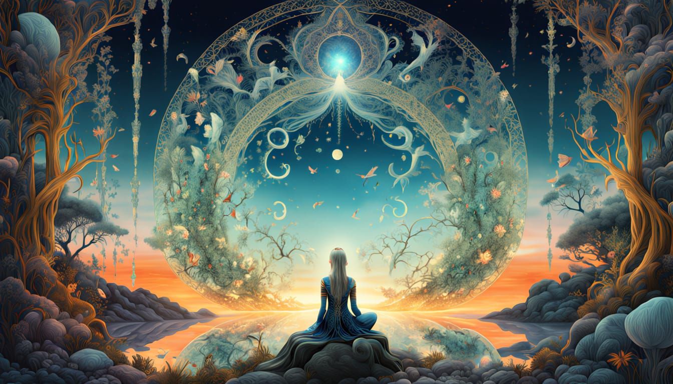 Ethereal Sunset Dreamscapes with Mystical Woman and Glowing ...