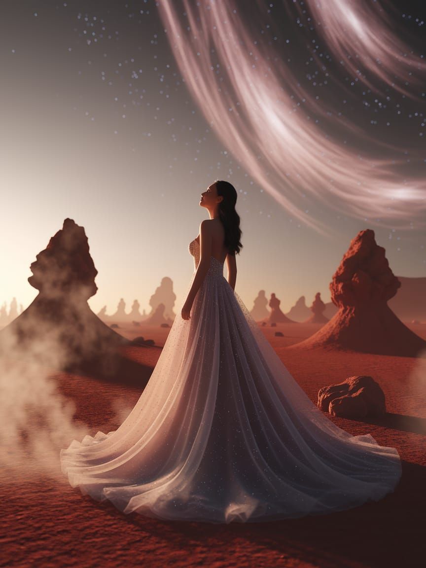 Woman Gazes at Cosmic Sky on Alien Planet Digital Painting