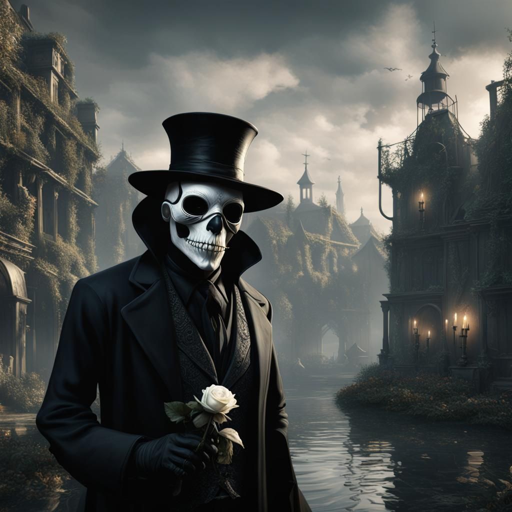 Plague Doctor with Skull and Rose Flag