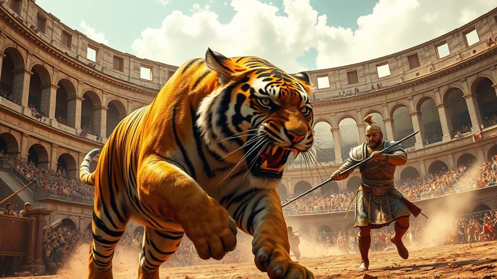 Gladiator Meets Bengal Tiger in Ancient Colosseum Arena