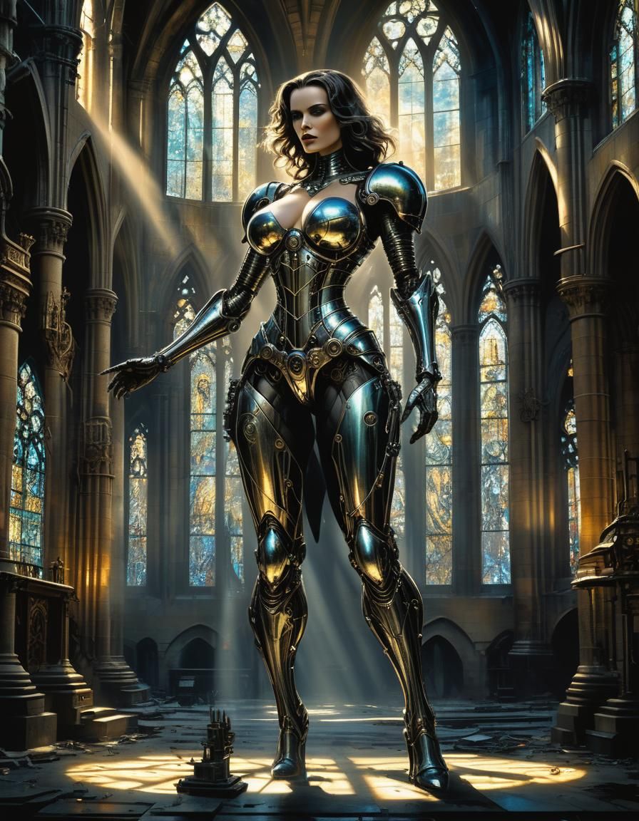 Dieselpunk Terminator in Gothic Cathedral with Fractals