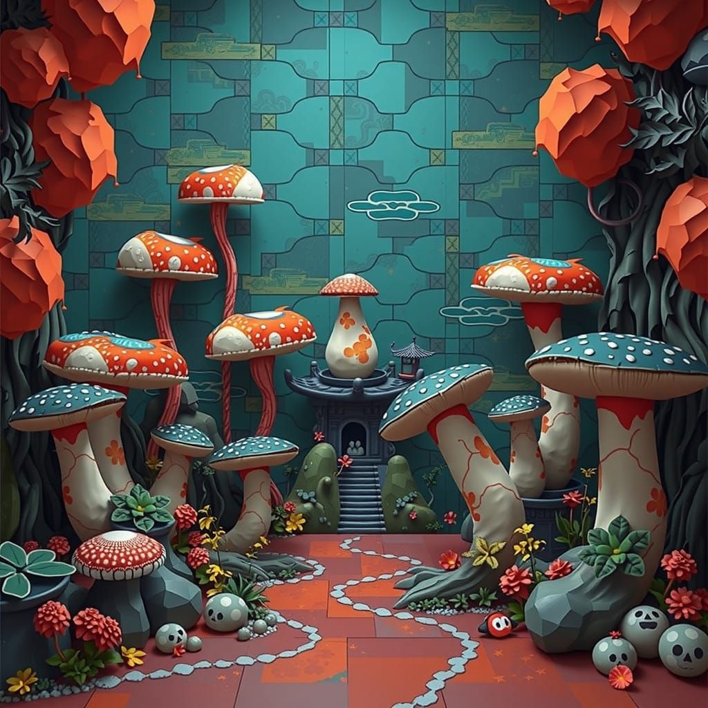 Pixel Art Arcade Game Box Featuring Vibrant Mushrooms