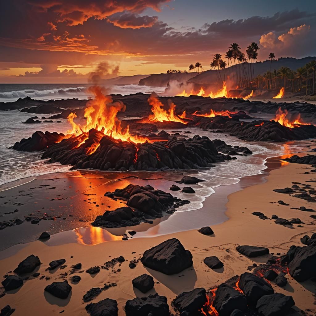 Surreal Hellscape: Burning Beach in Dreamlike Style