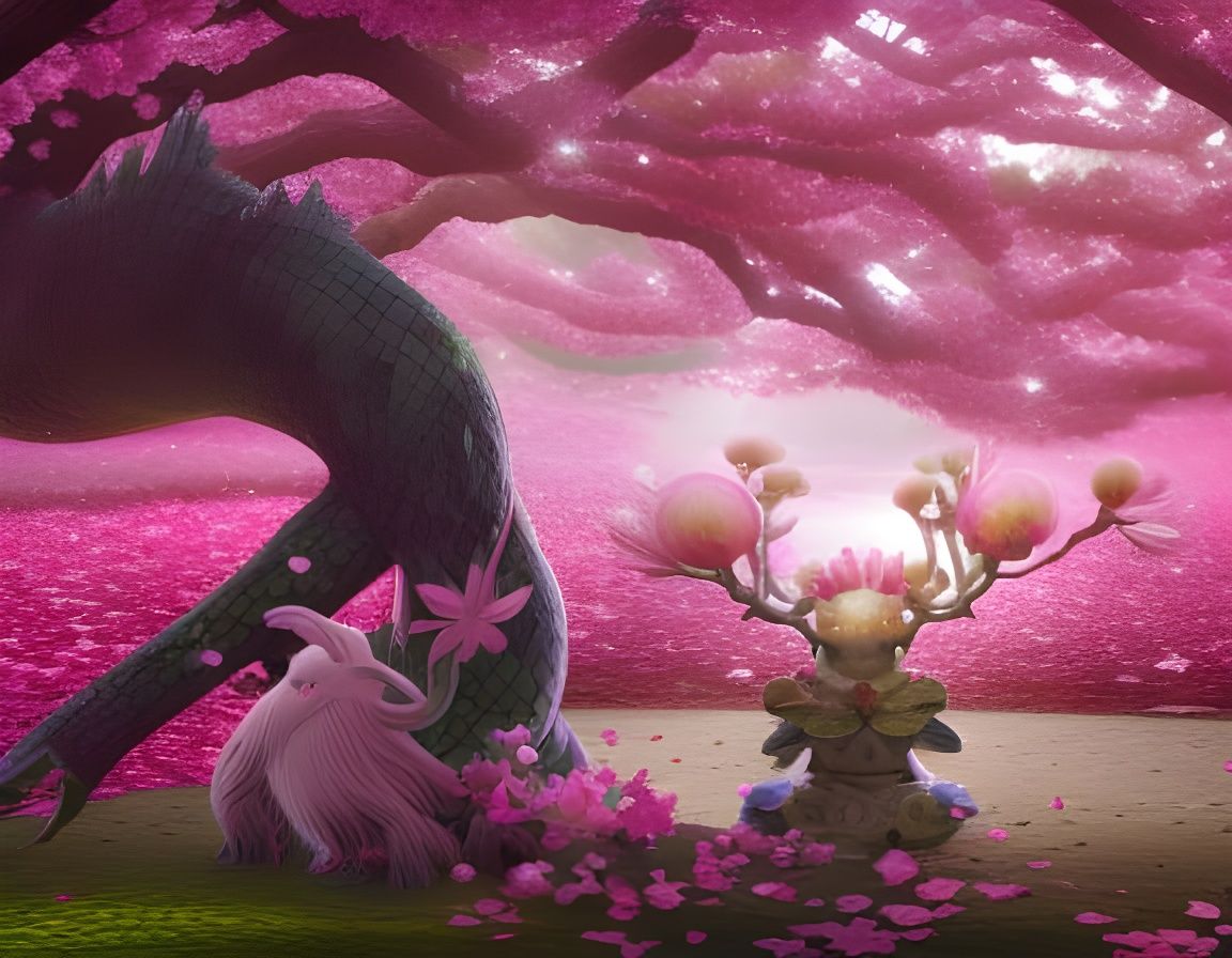 Mythical Monster in Cherry Blossom Garden