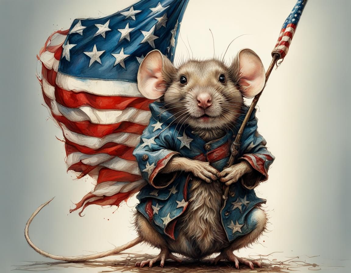 Patriotic Mouse with American Flag, Hyperrealistic
