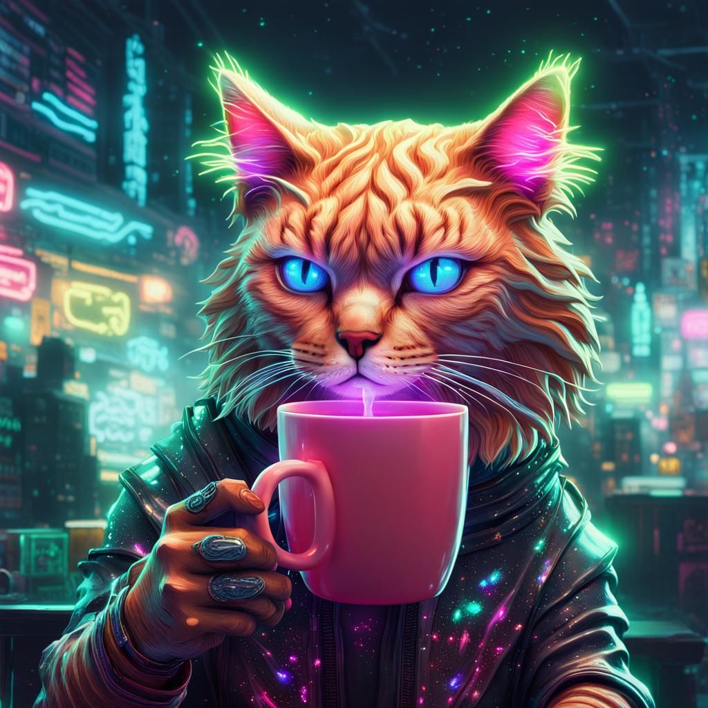 Anthropomorphic Cat Sipping Neon Tea in Vaporwave Style
