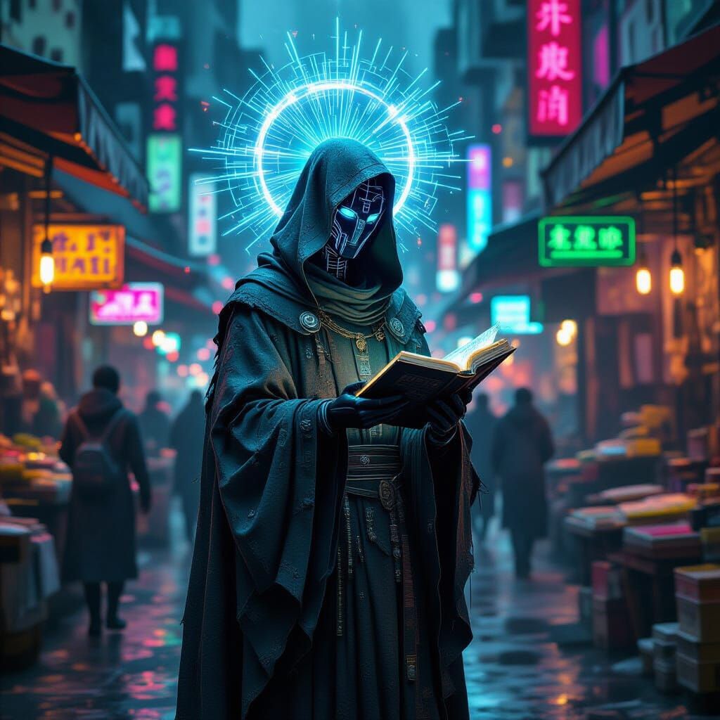 Cyberpunk Saint Avatar in Neon-Lit Market