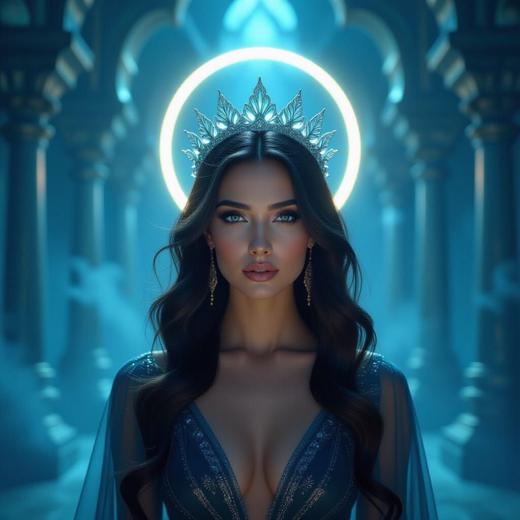 Mystical Woman in Temple Chamber with Moon Crown