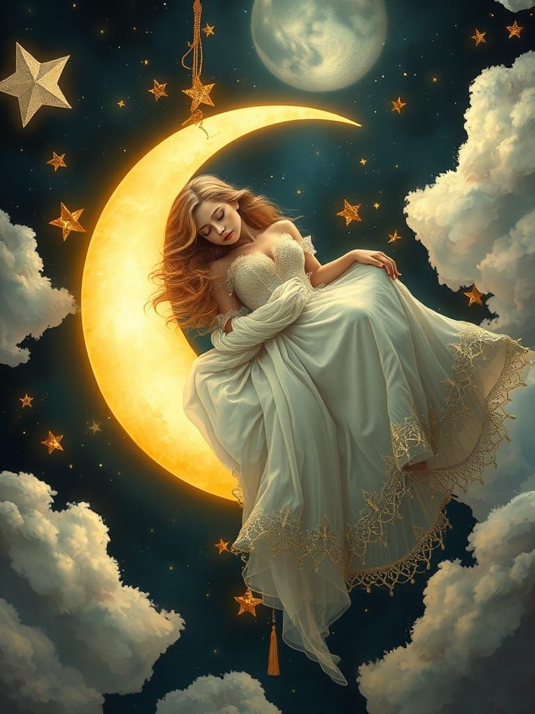 Serene Maiden on Crescent Moon in Whimsical Fantasy Style