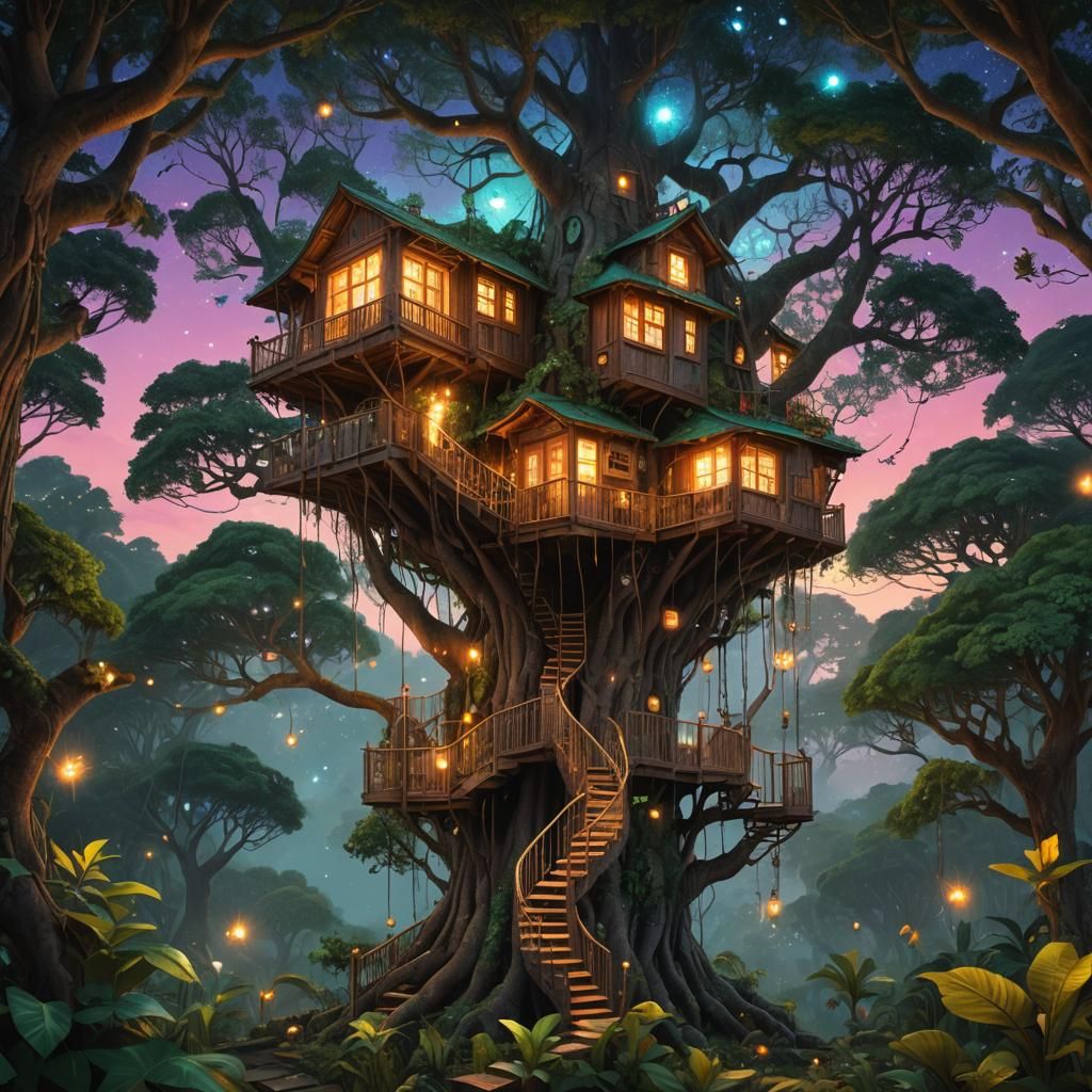 Rustic Jungle Treehouse Illuminated at Dusk