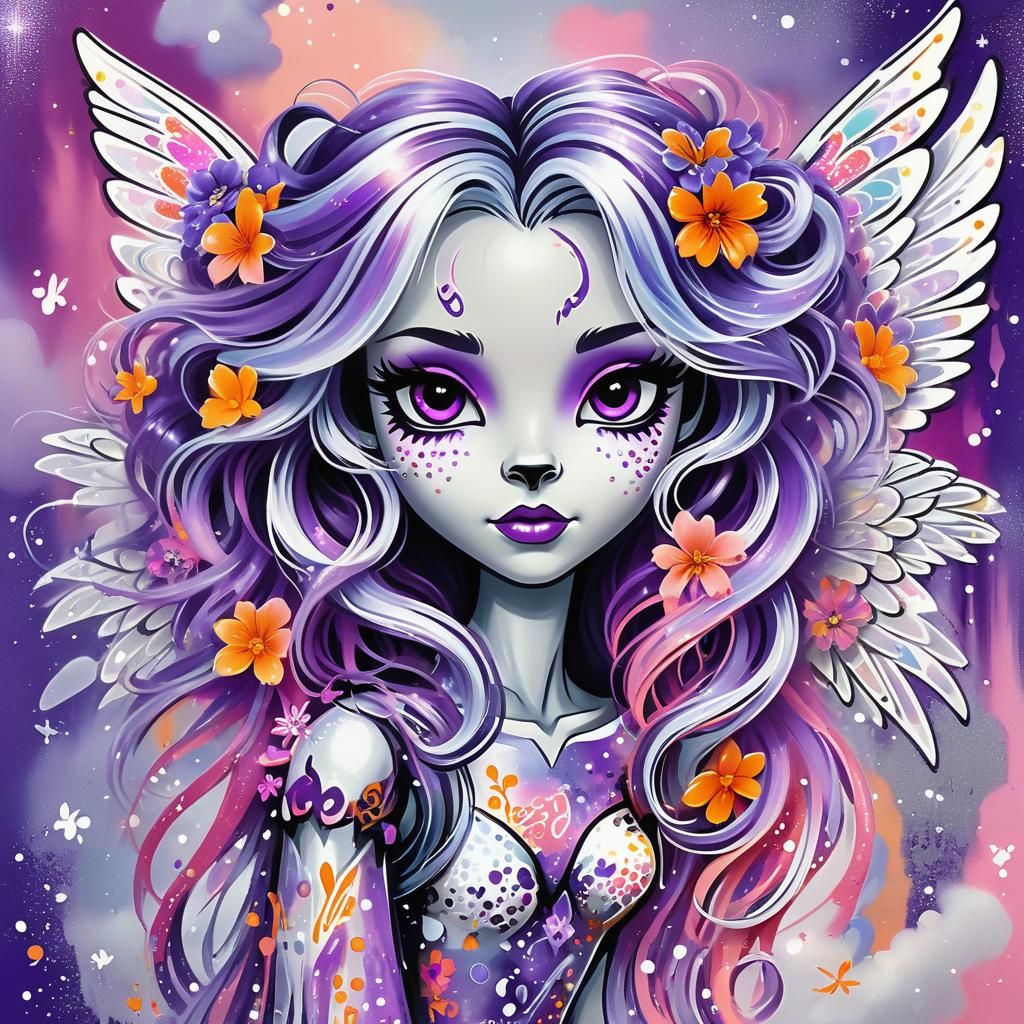 Vibrant Lilac Angel in Street Art Style