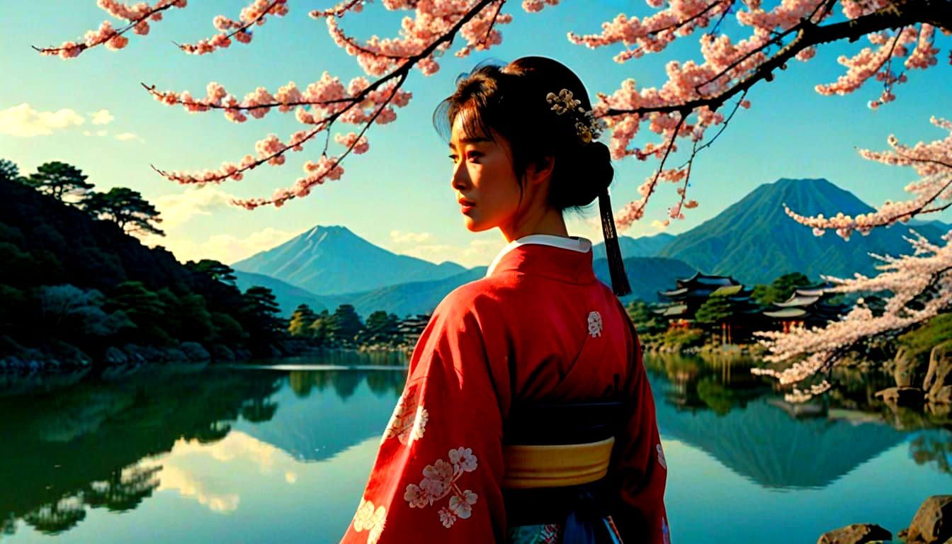 Ethereal Lady Mariko in Red Kimono near Cherry Blossoms, Lak...