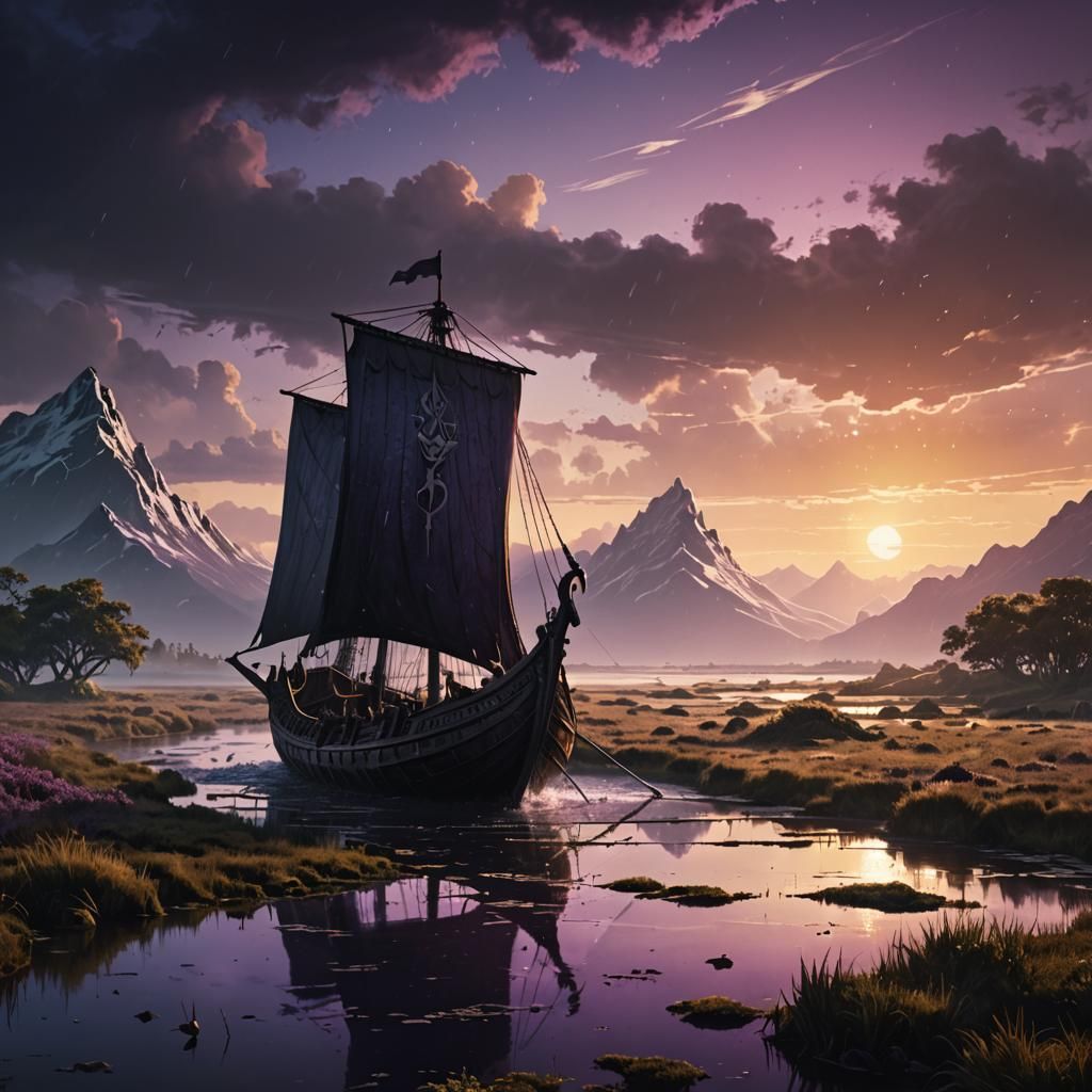 Viking Ship Navigating Marshlands: Dark Fantasy Art