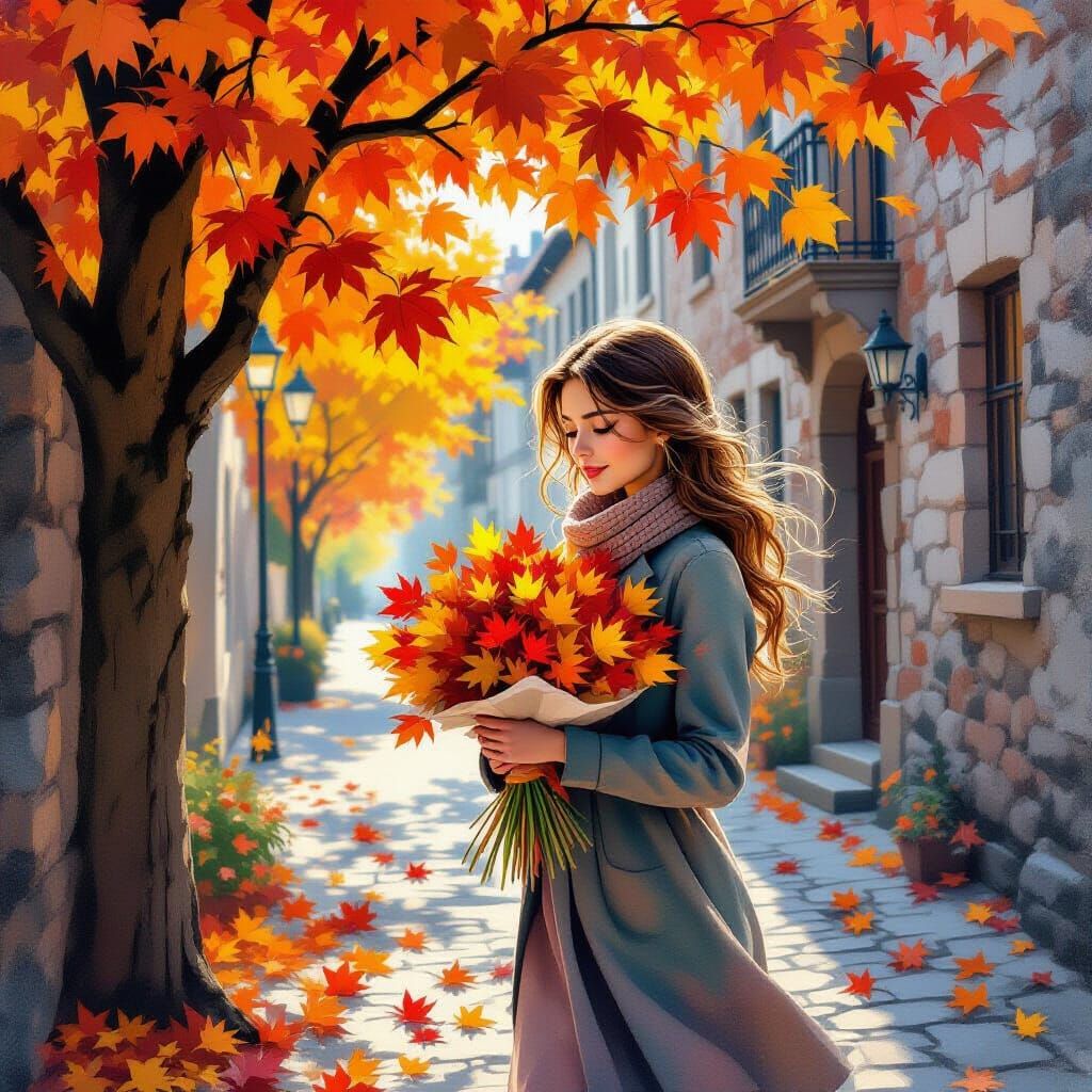 Young Woman Gathers Autumn Leaves in Morning Light