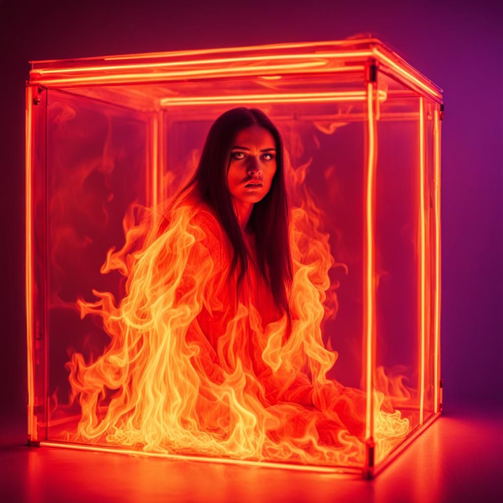 Woman Ablaze in Neon Confinement