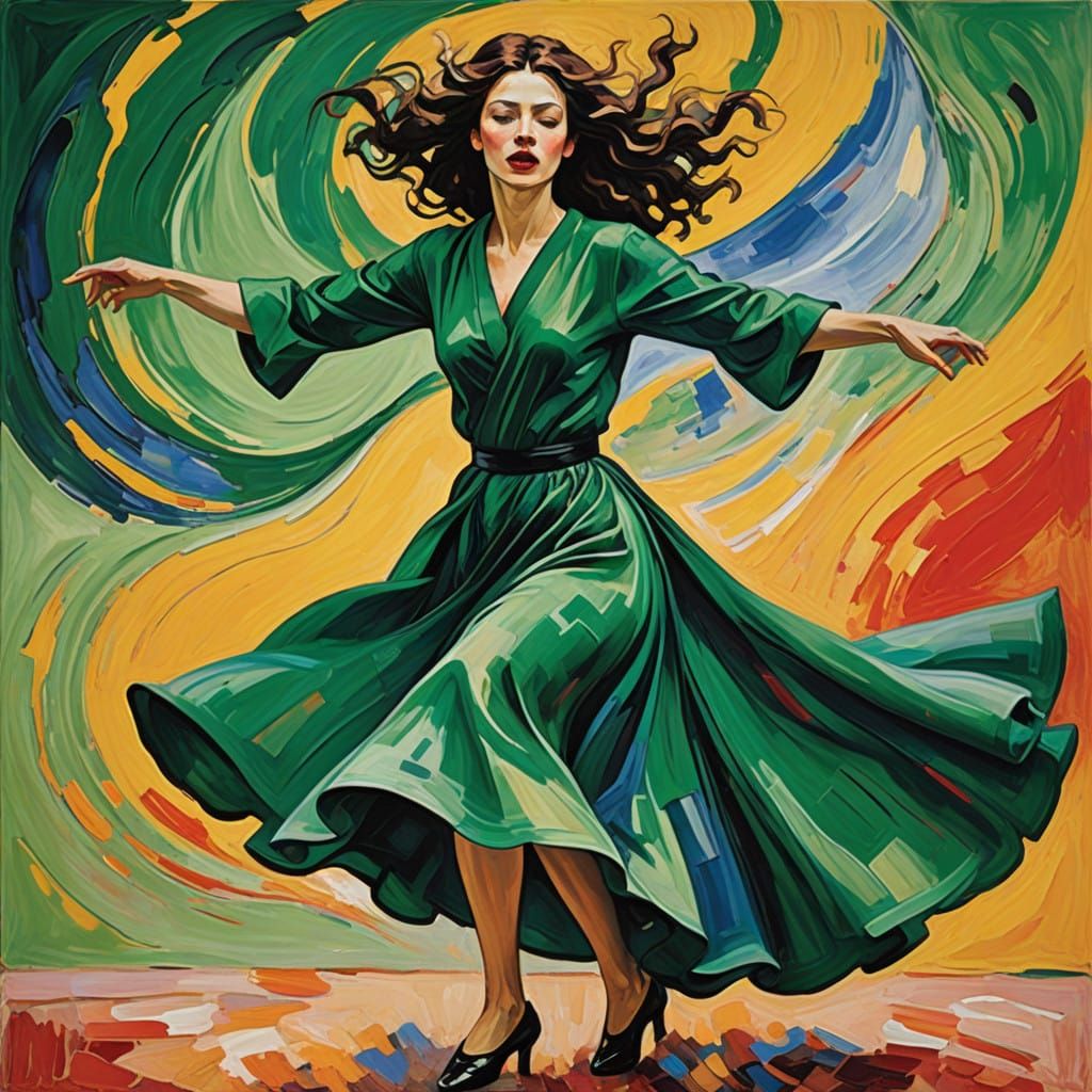 Stunning Woman in Vibrant Dance Pose, Neo-Expressionist Pain...