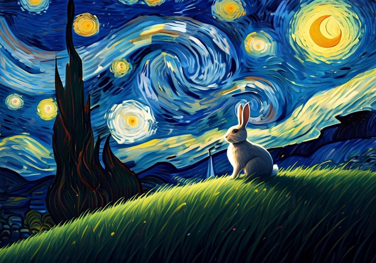 Starry Night with Rabbit: Holographic Astral Illustration