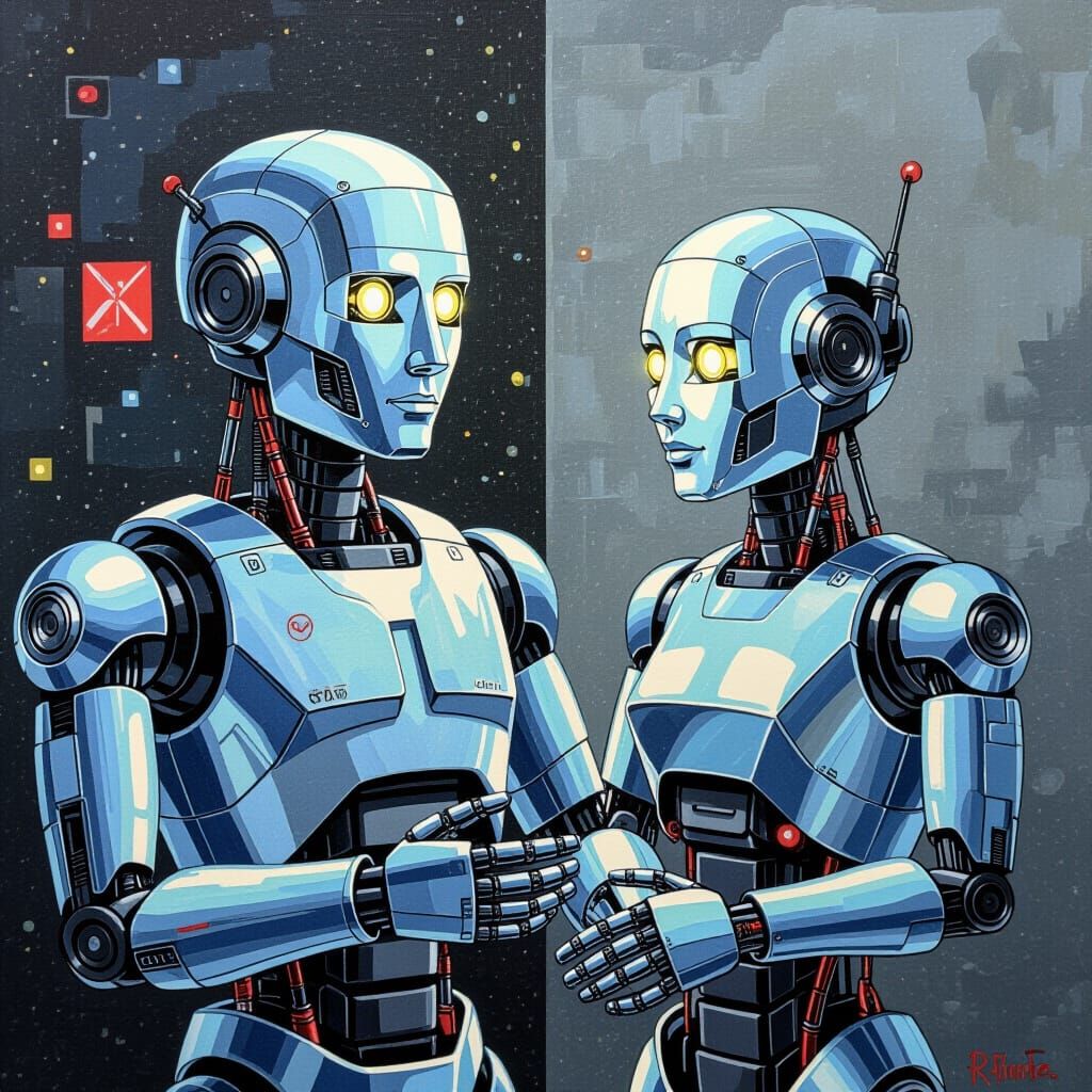 Robots Bound by Three Laws: Detailed Gouache Painting