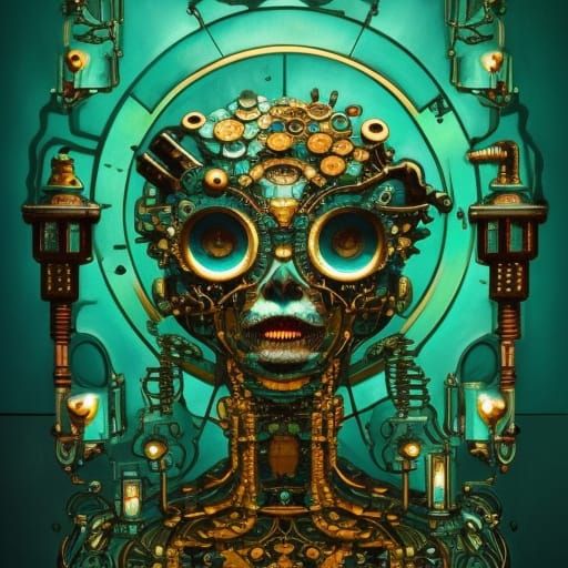 Emerald Cat Skull Icon in Steampunk Style