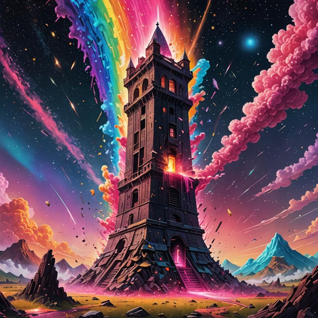 Collapsing Tower with Pink Aura in Cosmic Sky