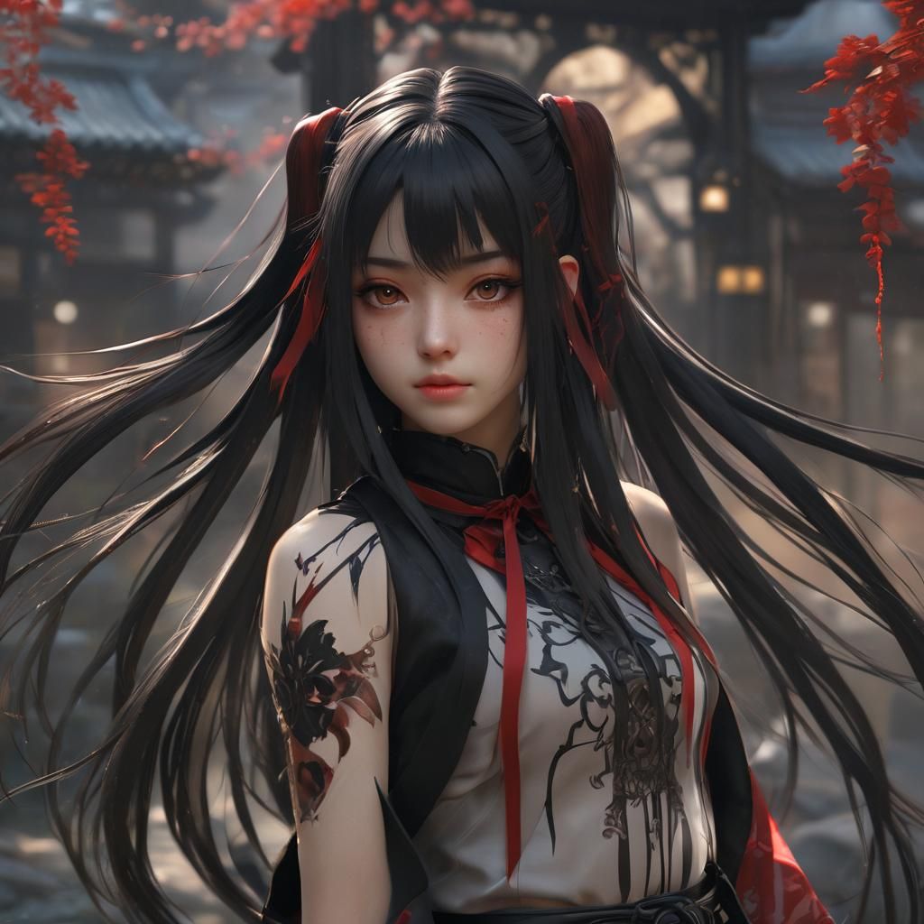 Japanese Goth Girl in Anime Style 3D Art