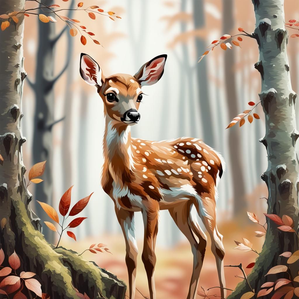 Fawn in Autumn Woods in Painterly Style