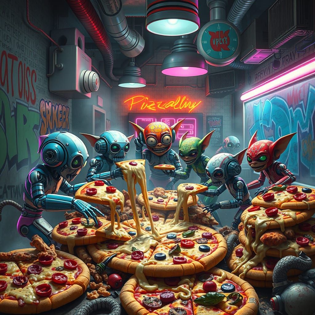 Cyberpunk Pizzeria Party with Robots and Gremlins