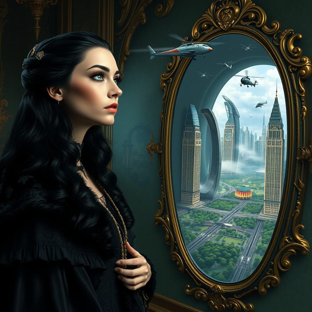 Medieval Queen Gazes Upon Retrofuturistic Metropolis in Maje...