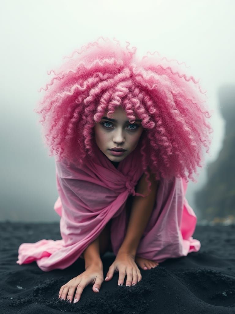 Otherworldly Albino Woman in Pink Linen and Fog