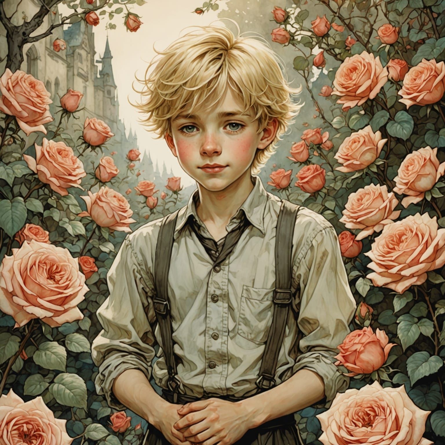 Cheerful Blond Boy in Rose Garden, Anime Style