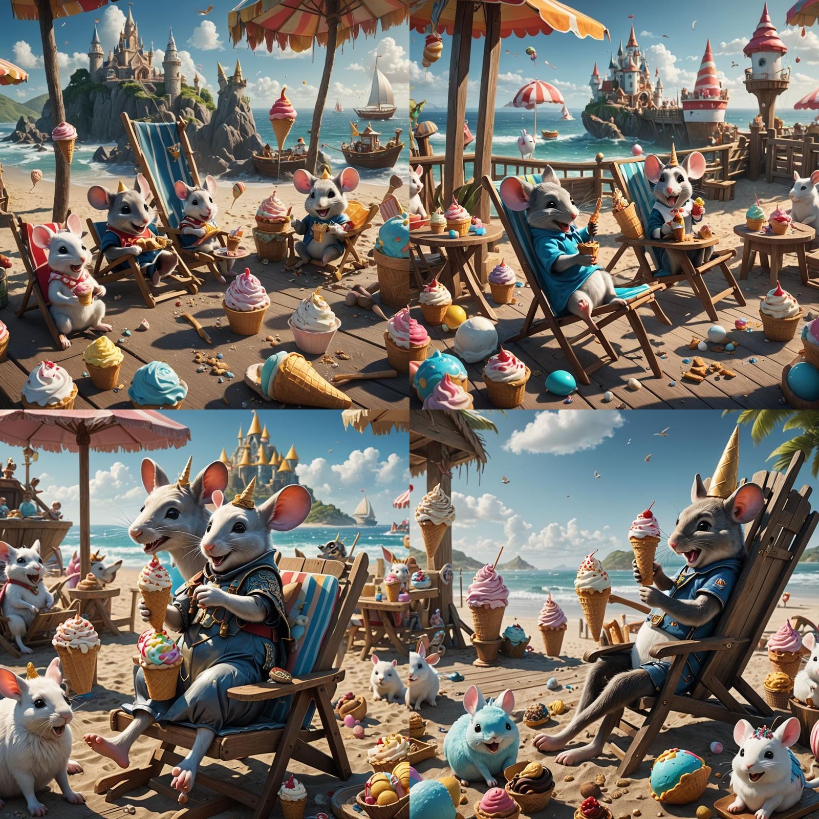 Whimsical Beach Scene with Mouse and Unicorns