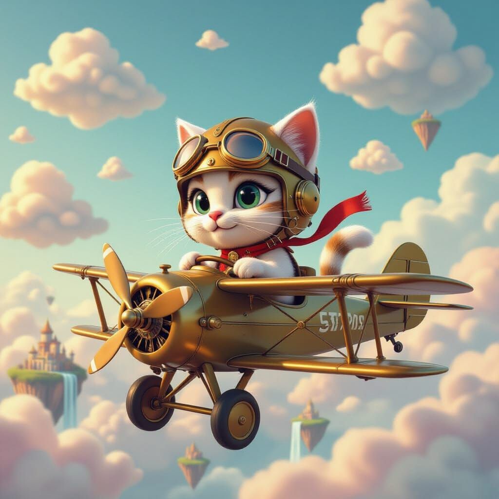 Whimsical Cat Pilot Soars Through Candy Cloud Skies