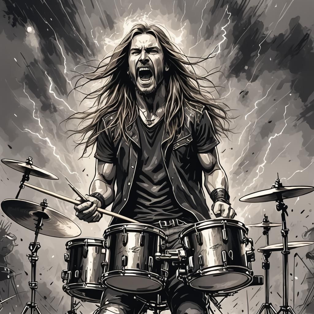 Sketch of a Drummer in Rock Concert with Lightning