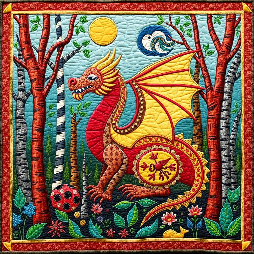 Whimsical Folk Art Quilt with Enchanted Forest Dragon
