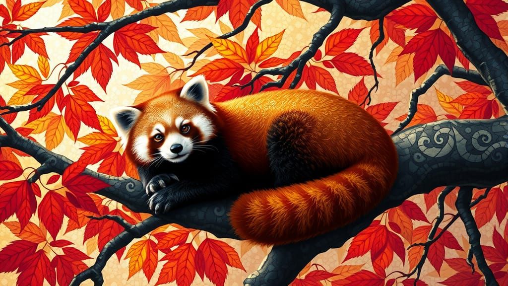 Serene Red Panda on Cherry Branch in Mosaic Forest