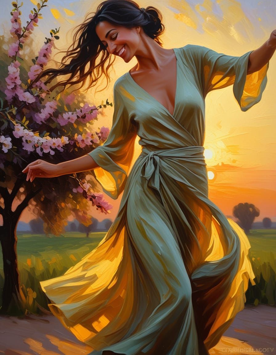 Romantic Realism: Woman Dancing in Blossoms as Oil Painting