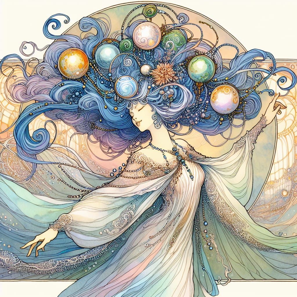 Mystical Woman in Art Nouveau Watercolor