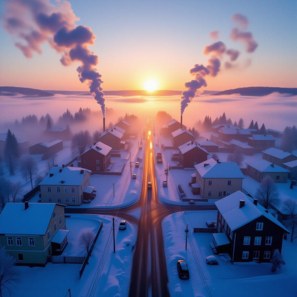 Ukrainian Town Sunrise in Heavy Fog and Snow