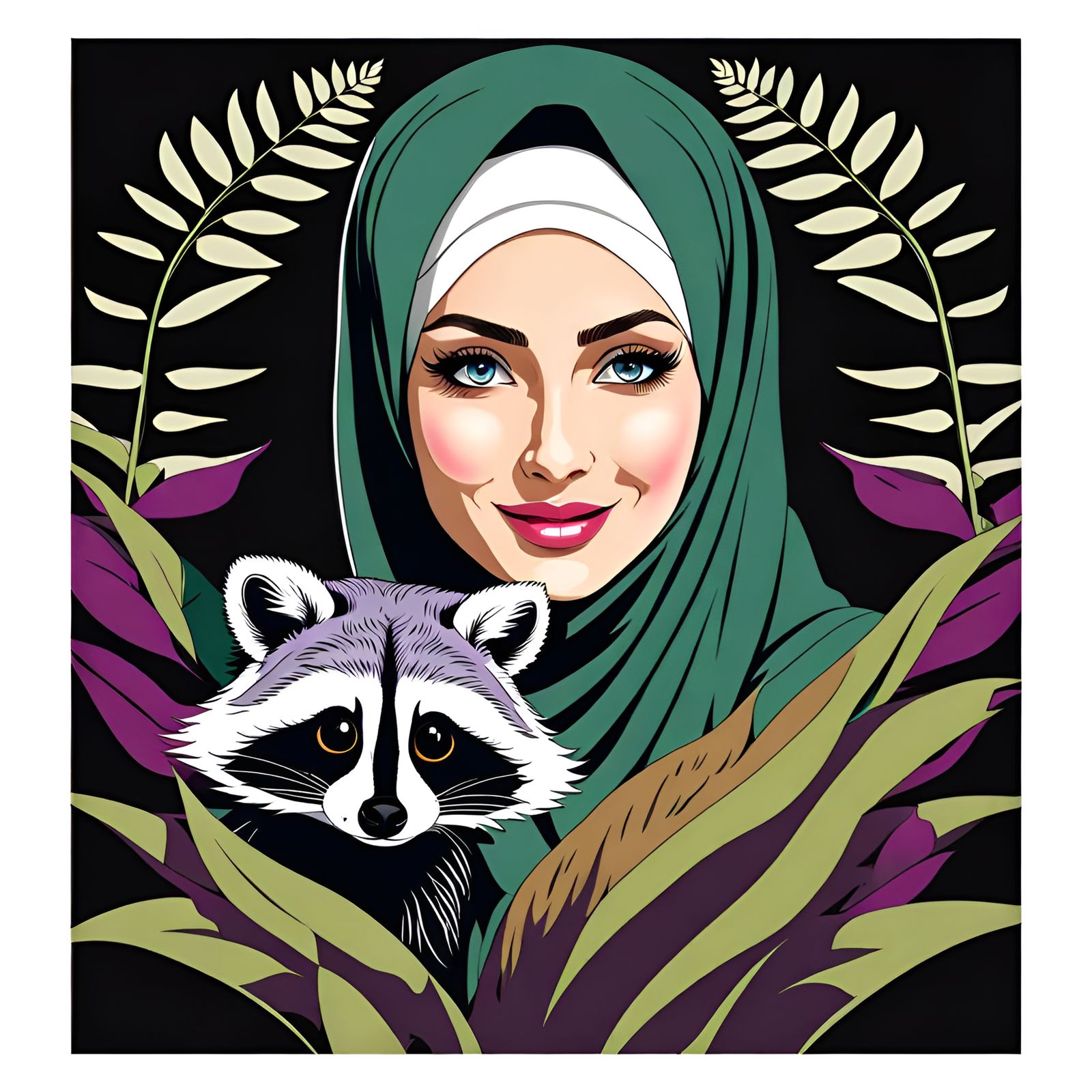 Woman in Hijab Hugs Raccoon in Mystic Forest