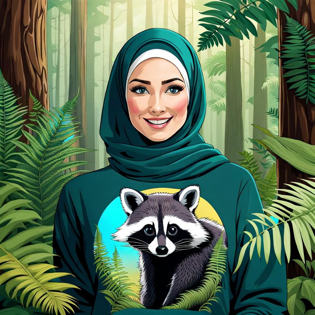 Cute Hijabi Woman Hugs Raccoon in Mystic Forest