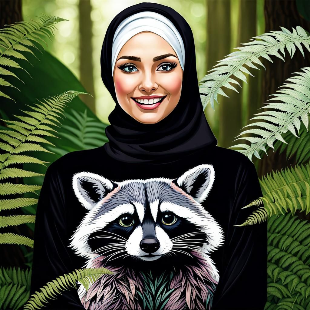 Woman with Hijab Hugging Raccoon in Mystic Forest