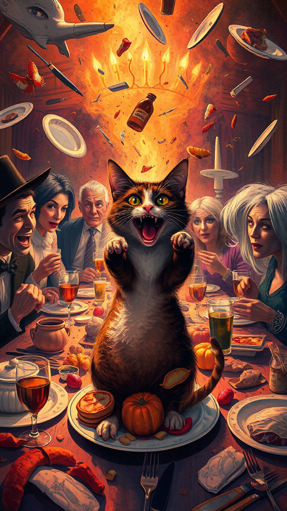 Chaotic Addams Family Thanksgiving with Dancing Cat