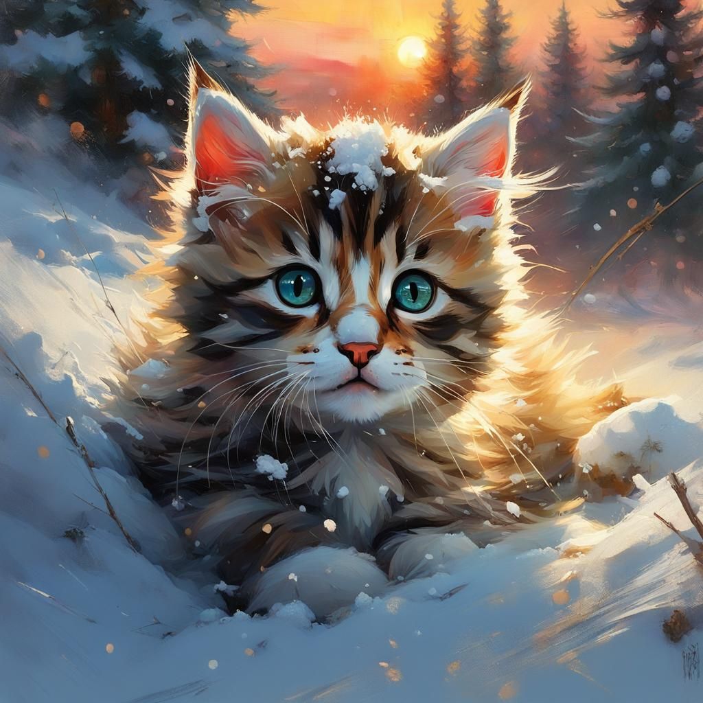 Cute Kitten Rolls in Snowy Sunset: Detailed Digital Art