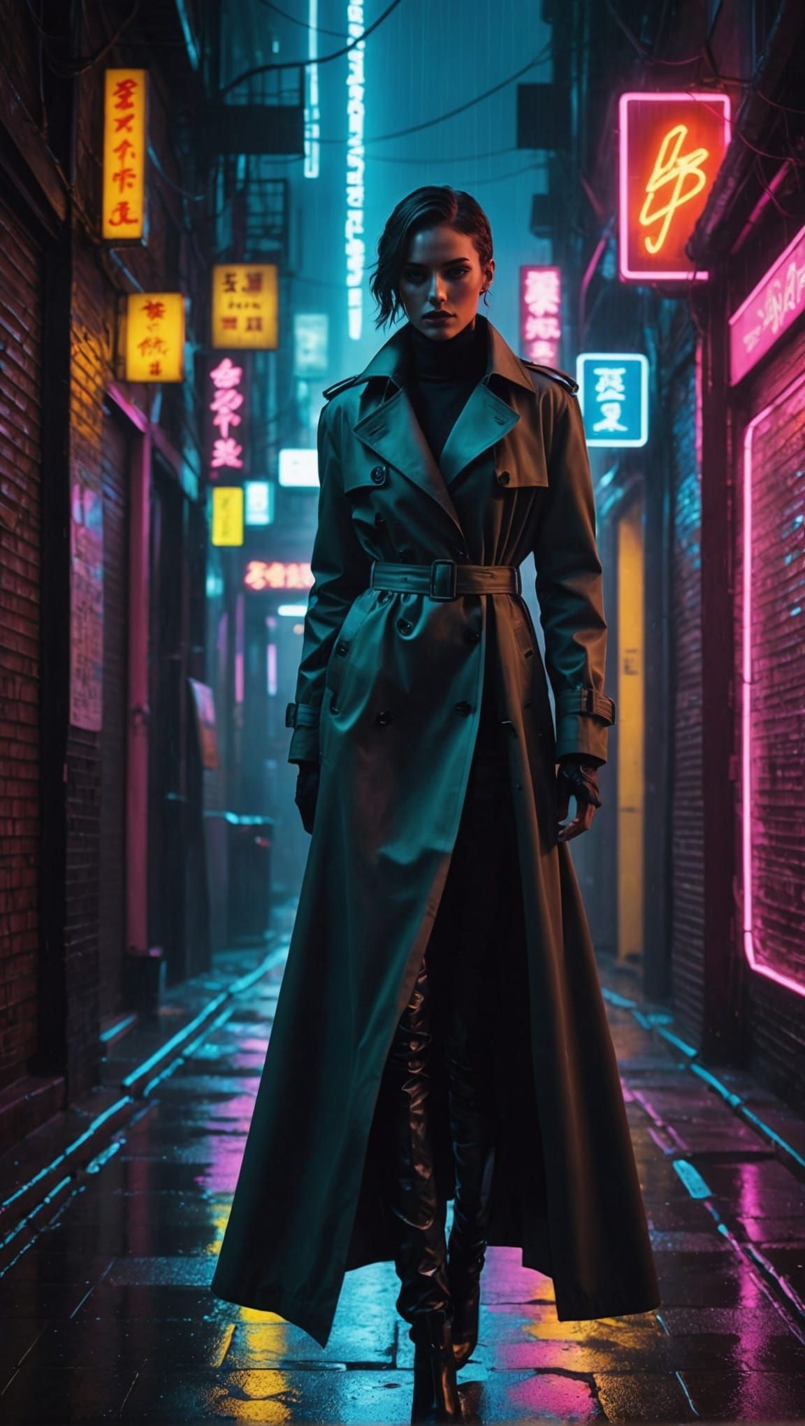 Mysterious Woman in Neon Alleyway, Cyberpunk Style