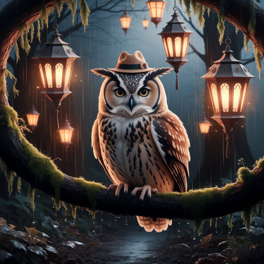 Enchanted Forest Owl in Rain with Lanterns